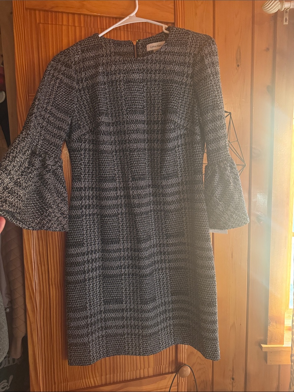 Calvin Klein Black and Gray Plaid Bell-Sleeve Dress